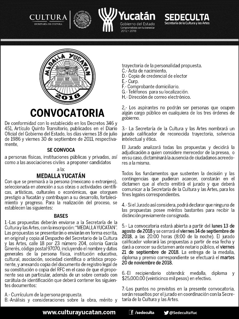 Se busca a la o el próximo recipiendario de la Medalla Yucatán 2018