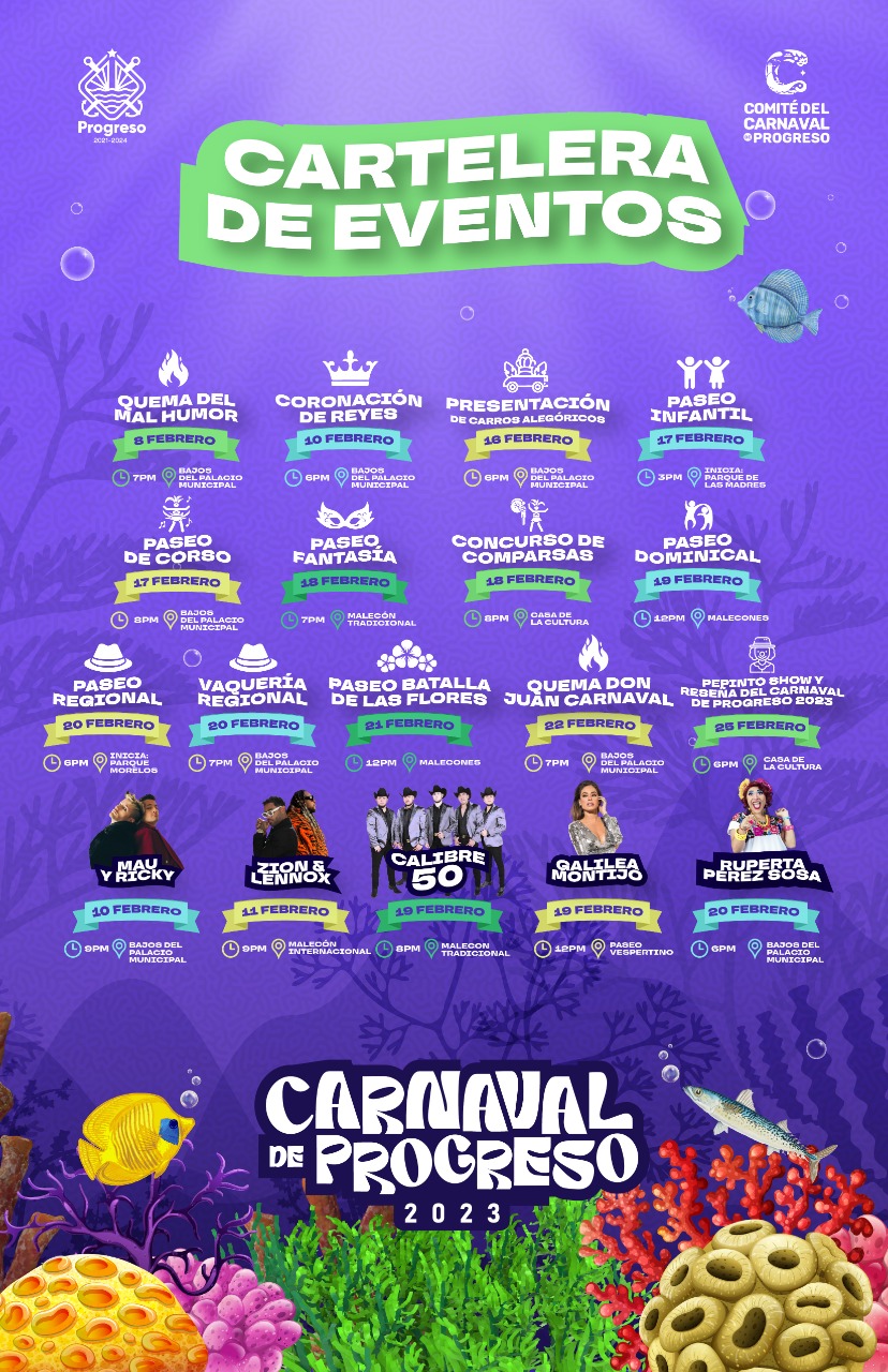 Invitan a disfrutar del mar, sol y mucha música de la cartelera del Carnaval de Progreso 2023, “El Carnaval de Yucatán se vive en Progreso” 